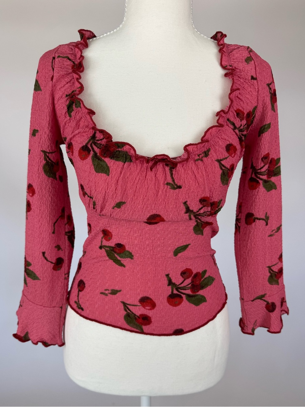 Kimchi Blue Cherry Print Ruffle Long Sleeve Top Y2K Coquette